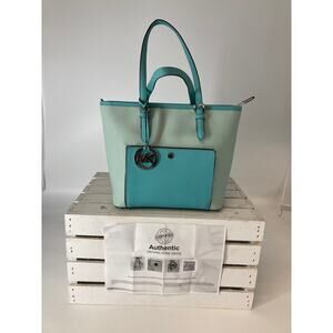 MICHAEL KORS LARGE SAFFIANO BLUE, LIGHT BLUE SHOULDER BAG